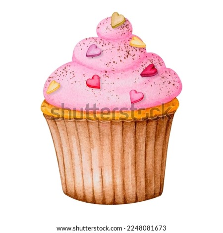 Watercolor cupcake. Clipart for the design of cards, invitations, menus, logos, labels, stationery. Element for Valentine's Day, birthday, mother's day, wedding, children's party, anniversaries.
