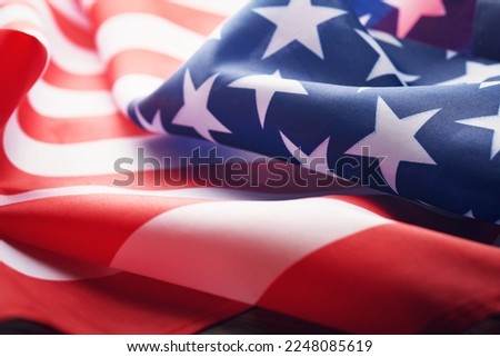 American flag on old wooden background with copy space. Close Up for Memorial Day or 4th of July or Happy Martin Luther King jr day. Top view. Copy space. Mock up. 