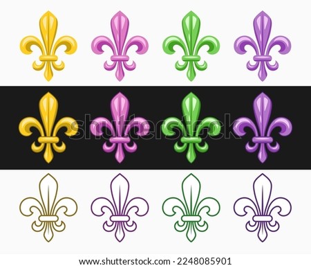 Fleur de lis set. Fleur de lys icons in different styles. Illustration for Mardi Gras carnival. Royal French heraldry symbol.