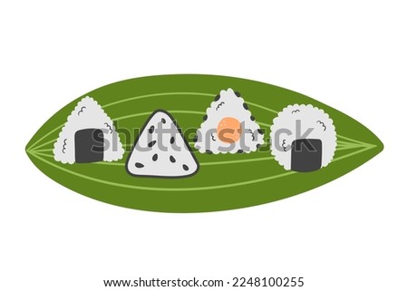 Set of traditional onigiri on green leaf. Sushi set icons in doodle flat style. Vector illustration, clip art. Asian food collection.