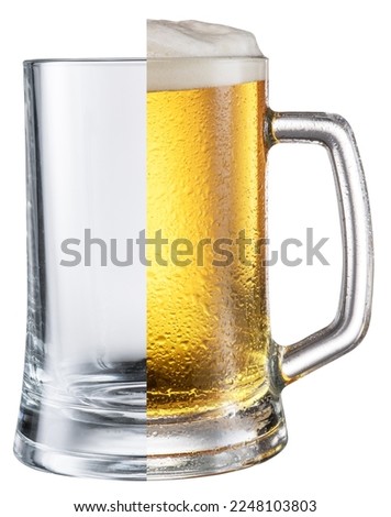 Conceptual picture of beer mug that consists from two parts of empty and full glass mug. File contains clipping path.