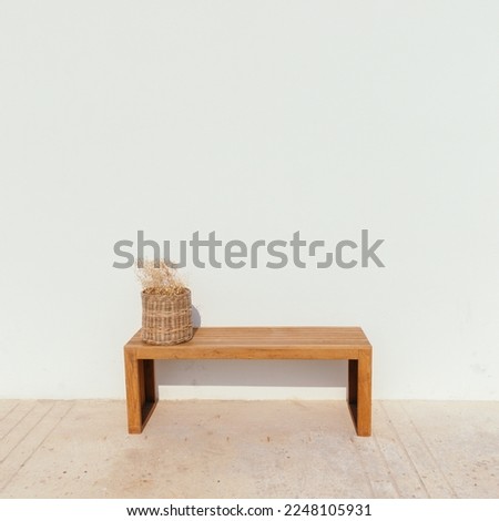 minimal japanese style wooden bench, chair in cafe background