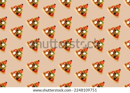 Many slices of delicious pizza on beige background. Pattern for design