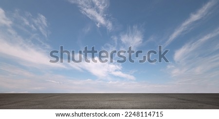Wide Panoramic Blue Heavenly Sky Background with Beautiful Clouds and Empty Floor