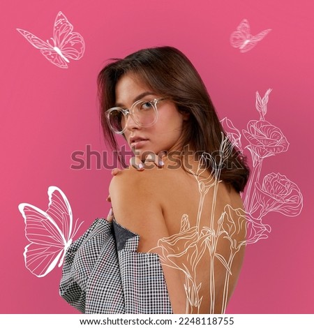 Creative artwork with happy stylish beautiful girl over colored background with floral drawings, sketches. Concept of beauty, art, women's day, spring, emotions. Design for greeting card