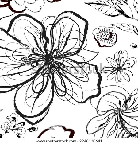Hand drawn watercolour and ink flowers and leaves paint brush pattern background. Abstract black ink color flowers paint brush and strokes, scribble lines background