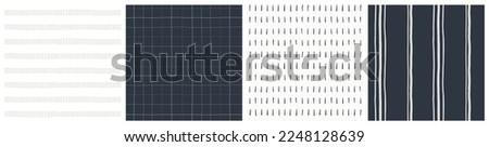 Black and white simple masculine seamless pattern set. Modern bedding textile fabric print for men on teenage boy with plaid, stripe and thin paint marks vector designs.  Royalty-Free Stock Photo #2248128639