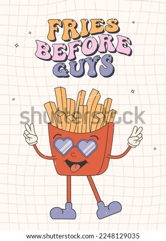 Retro groovy valentines day greeting card, banner, poster, invitation. Fries before guys Royalty-Free Stock Photo #2248129035