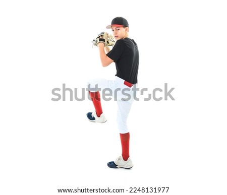 A teen baseball player Studio shot over white.
