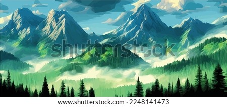 Foggy mountains with coniferous forest vector illustration. Smokey rocky panorama with mountain mountains and silhouettes for pine forest. landscape panorama from Pine mountain forest. with copy space Royalty-Free Stock Photo #2248141473