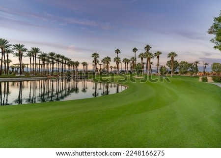 Scenic evening view of golf course with palm trees and reflection on pond.