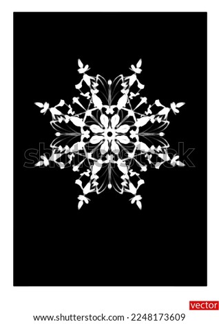 Snowflake icon. Symmetrical black and white pattern, ornament. One white snowflake on a black background.  Symbol of frost, snow, winter. Design element of New Year, Christmas card, greeting. Vector