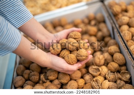 Handful of walnuts in shell.