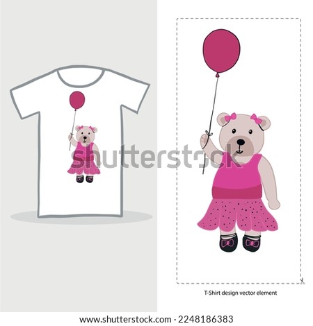 Cute teddy bear holding pink balloon illustration. Tshirt design element