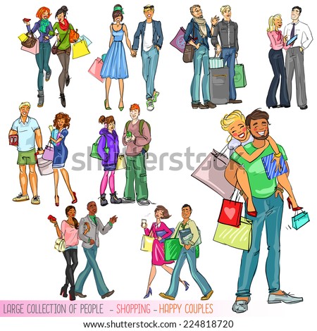 Large collection of people with shopping bags - Happy couples. Isolated