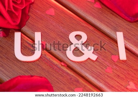 Romantic Valentine's Day sign on a wooden table decorated with small hearts and rose petals. You and I