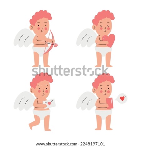Funny cupid, little angels or god eros. Cute Greece kids with bow, heart hunters romantic vector characters