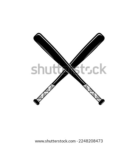 Monochrome two crossed baseball bats, sports tool icon. Vector illustration isolated on a white background. Simple shape for logo, emblem, symbol, sign, badge, label, stamp design.