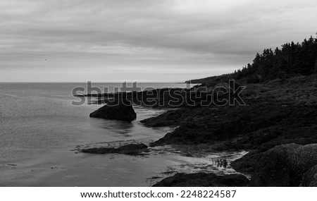A black and white photo of the rugged and rocky terrain of the Atlantic coast.
