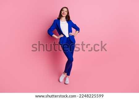 Full body size photo of young successful business lady hands touch waist posing wear formal costume office worker isolated on pink color background Royalty-Free Stock Photo #2248225599
