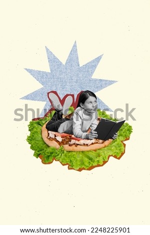 Vertical collage picture of mini black white gamma girl laying pizza hold read book dream imagine isolated on creative background