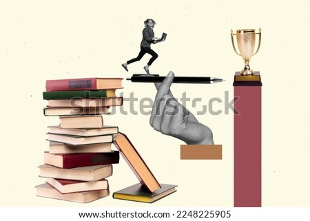 Creative photo collage illustration of positive funny optimistic smart guy running on hand hold pen isolated on white color background