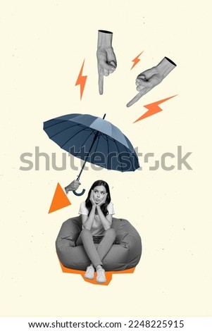 Magazine creative collage of unhappy woman sit bean chair protect from hate speech humiliation parasol Royalty-Free Stock Photo #2248225915