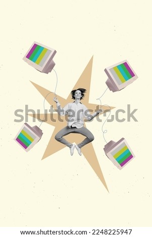 Vertical collage image of mini black white gamma girl levitate fly meditate arms fingers hold wire cable screens