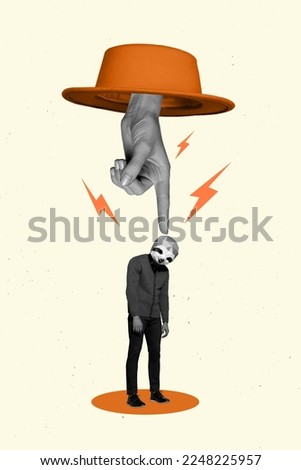 Vertical collage image of big black white effect arm inside orange hat pointing finger little sloth head guy isolated on painted background
