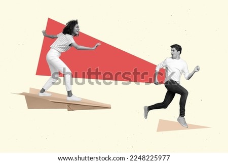Vertical collage picture of black white gamma girl flying big paper plane chase running away guy isolated on creative background