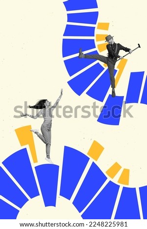 Vertical collage picture of two cheerful excited black white colors people dancing blue yellow ukrainian colors isolated on creative background