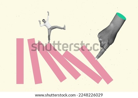 Creative photo collage illustration of funny careless male balance on one leg finger push columns isolated on white color background