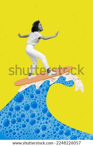 Creative photo 3d collage artwork poster of funny young girl enjoy summer time hobby yellow blue colors isolated on painting background