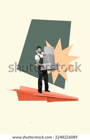 Vertical creative collage illustration of positive cheerful courier holding boxes deliver packeges isolated on blue color background