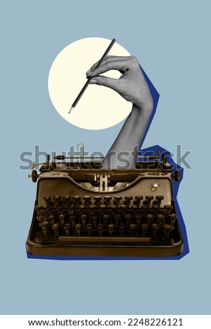 Template collage of weird alive hand hold pencil write fiction storytelling book use vintage typewriter Royalty-Free Stock Photo #2248226121