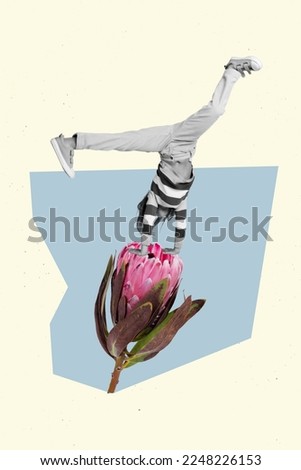Vertical collage picture of black white colors person stand arms upside down big flower isolated on painted background