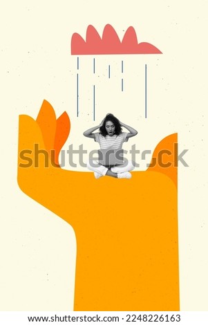 Creative photo 3d collage artwork poster of worried sad girl sit big hand use netbook impressed bad news isolated on painting background