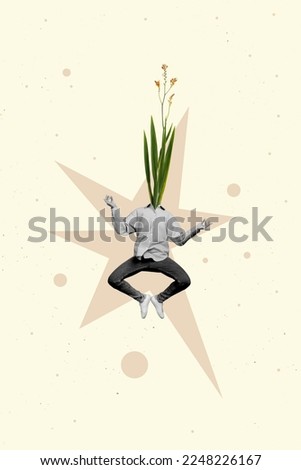 Vertical collage picture of black white effect guy flying meditate growing flower plant instead head isolated on painted background