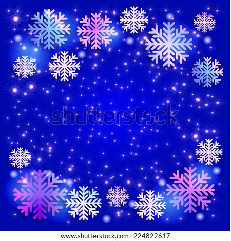 beautiful winter Christmas blue background with snowflakes, lights and bokeh