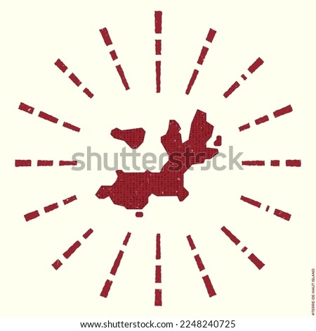 Terre-de-Haut Island Logo. Grunge sunburst poster with border map. Shape of Terre-de-Haut Island filled with hex digits with sunburst rays around. Elegant vector illustration.