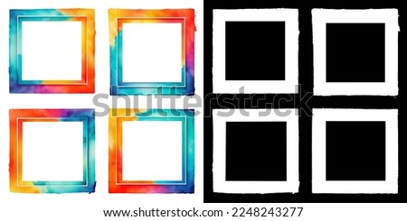 Set of square frames with colorful watercolor gradient. Abstract multicolored paint texture isolated on white background with clipping mask (alpha channel) for quick isolation