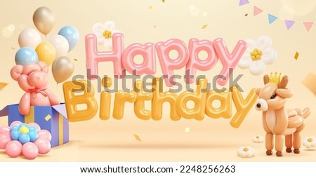 3D happy birthday balloon typography banner. Twisted bear balloon in gift box and deer balloon. With flowers decoration, garland, and confetti on light yellow background. Royalty-Free Stock Photo #2248256263