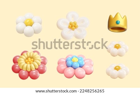 3D balloon art isolated on light yellow background. Including balloon flowers and golden crown.