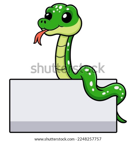 Cute green tree python cartoon with blank sign