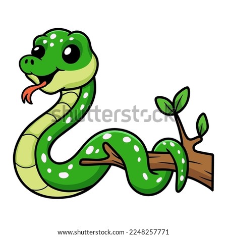 Cute green tree python cartoon on tree branch