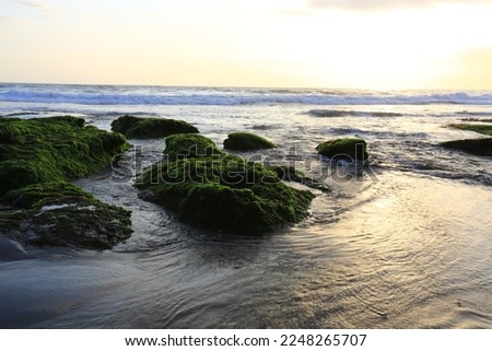 picture of moving wave in sea on rock stone blur background, Wave on rock sand beach at bali, Indonesia