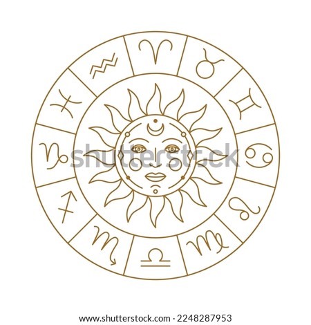Horoscope calendar with sun and golden stylized zodiac symbols. Astrology horoscope circle. Witchcraft astrological wheel thin line vector illustration on white background
