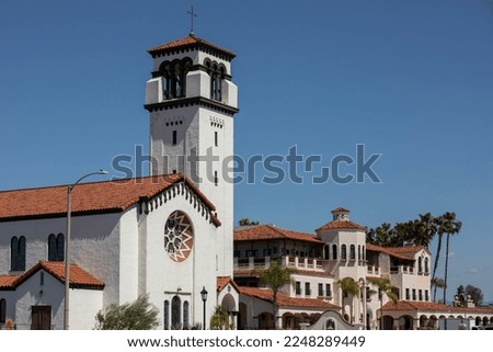 Daytime view of a historic church in the urban core of Costa Mesa, California, USA.