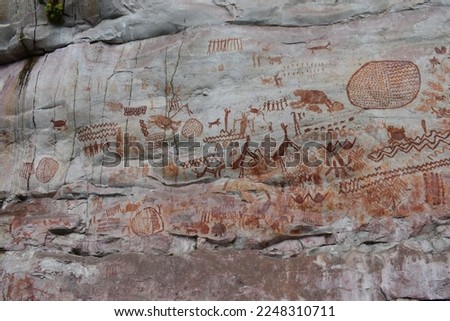 Rock paintings in Cerro Azul, San José del Guaviare, Guaviare, Colombia, Southamerica. Royalty-Free Stock Photo #2248310711