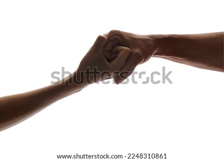 Male and female hands connected with each other together and forever isolated on white background with clipping path for easy in your design. Concept of Care, Support and Love. Focus and blur.